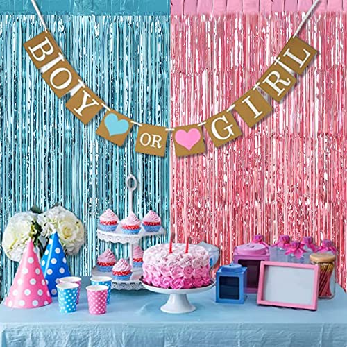 Image of 4 Pack 3.2Ft x 6.6Ft Pink Blue Fringe Curtain Backdrop, Metallic Tinsel Foil Fringe Streamers Curtains Background for Photo Booth Wedding Gender Reveal Backdrop Boy or Girl Birthday Party Decoration