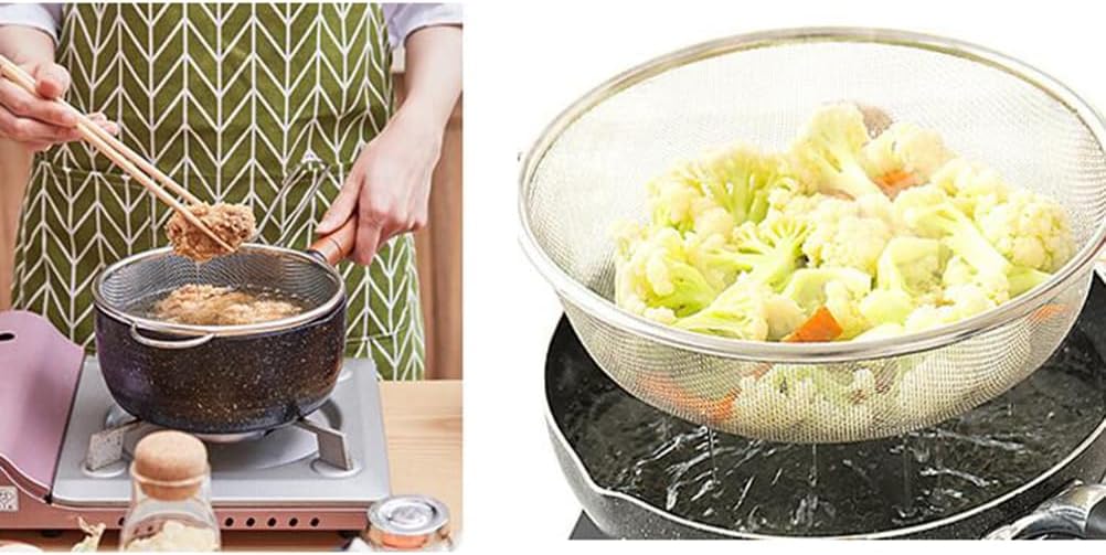 DOITOOL Single Handle Colander Basket 17.71 Inch Kitchen Strainer Filter Basket for Draining Fried Food Vegetables Fruits with Micro-Porous Design