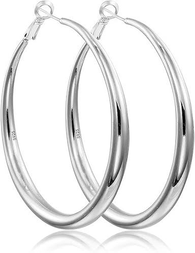 EXGOX Aretes de aro de plata de ley, hipoalergénicos, ligeros, gruesos, chapados en oro real de 14 quilates, aros grandes para mujer