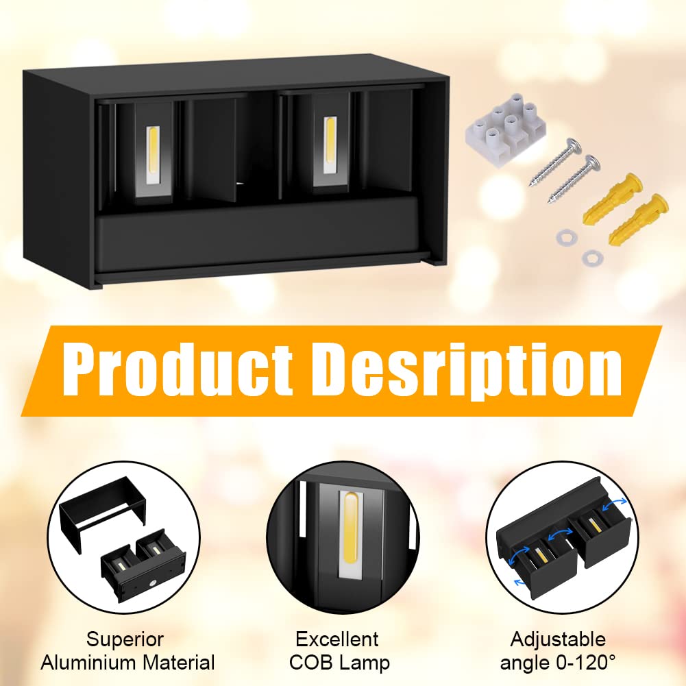 Klighten Lampa ścienna LED do użytku wewnątrz i na zewnątrz, 24 W, z regulowaną wiązką, wodoszczelność IP65, 2700-3000 K, ciepła biel, lampa ścienna czarna