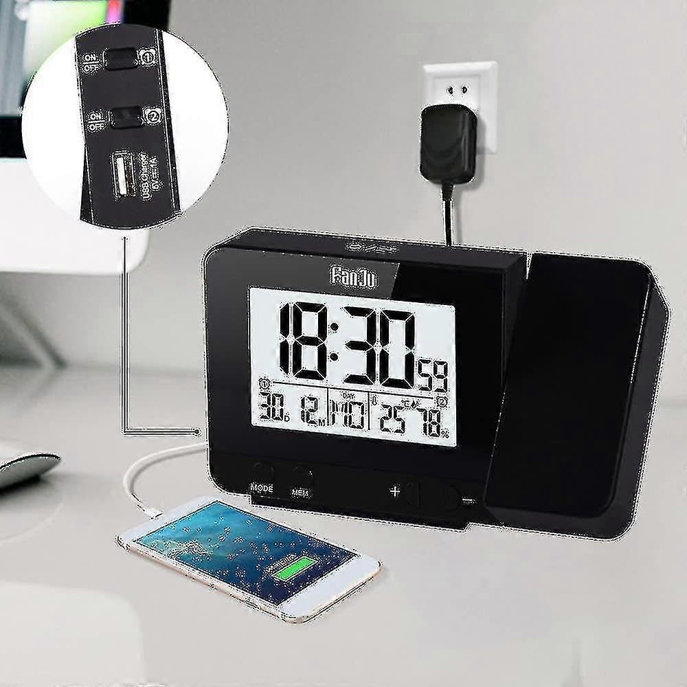 Zegar projekcyjny czarny budzik z projekcją temperatury czasu budzik z ekranem LED zegar ładujący USB