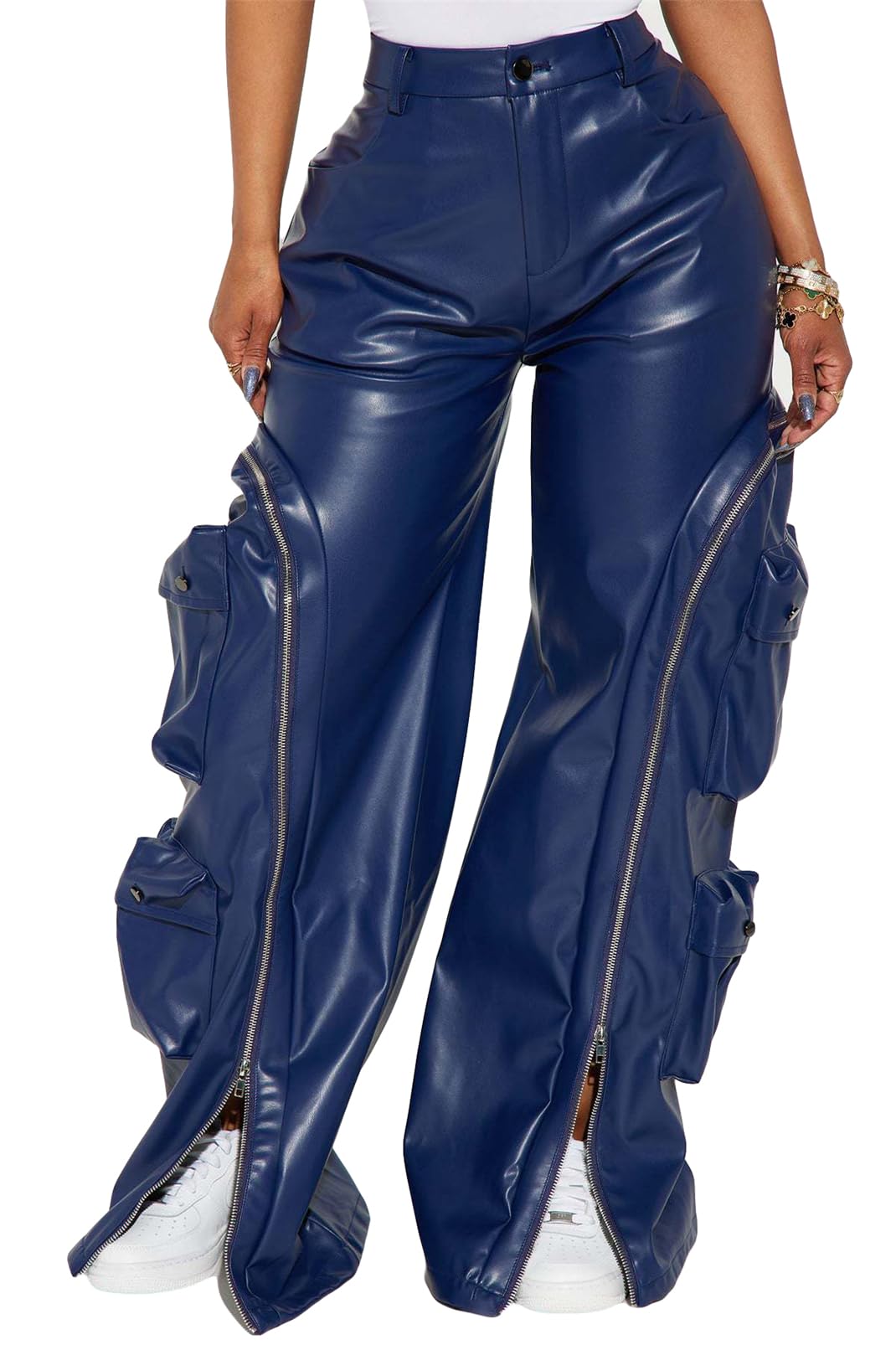 Womens High Waist Pockets PU Leather Bodycon Zipper Split Leg Sexy Nightclub Party Pants