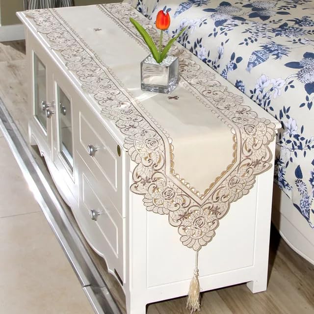 Image of MONKDECOR Floral Cutwork Design Dining Table Runner (Size-15x70 Inches) - Satin EMB-07 (Grey Border)