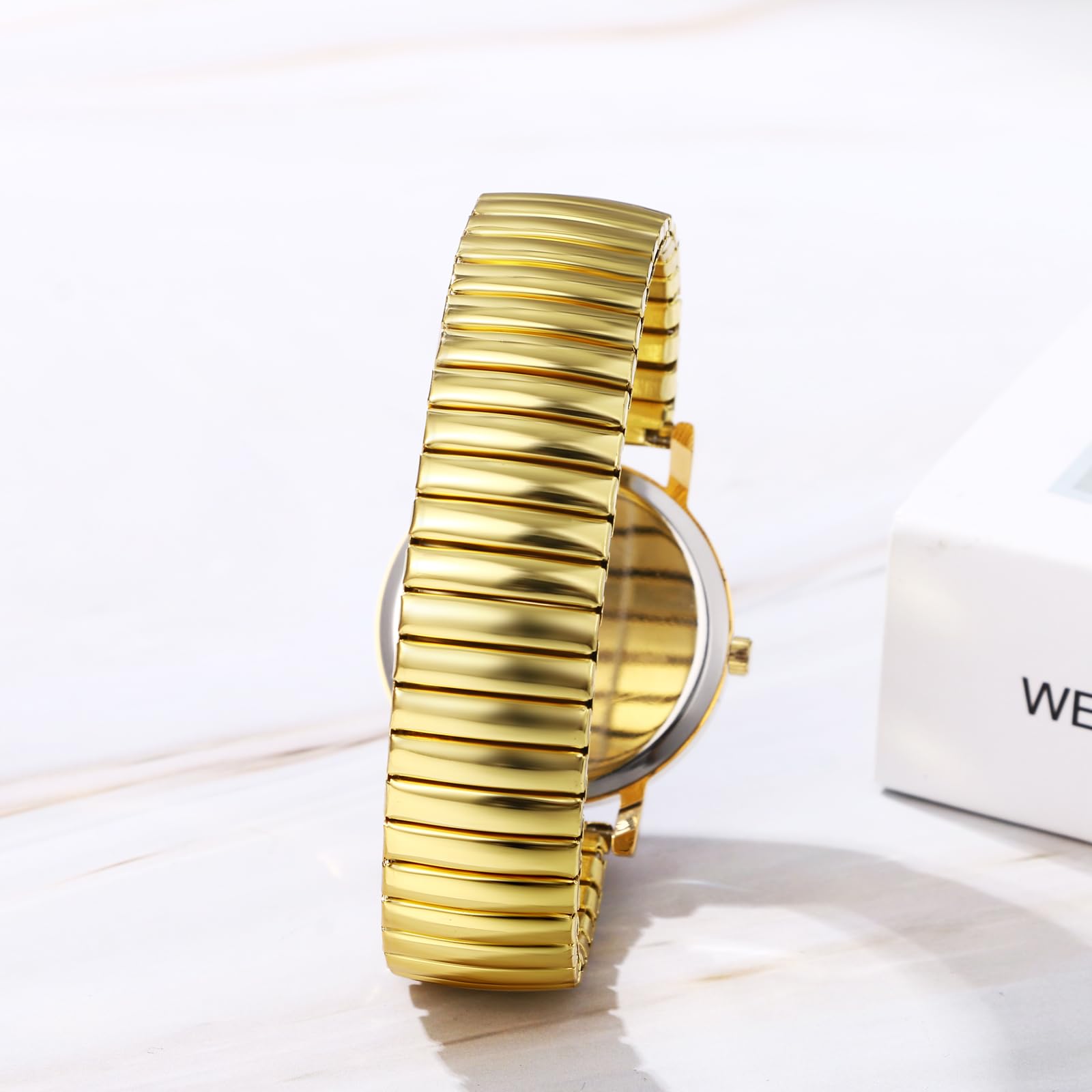 JewelryWe Damski zegarek z elastycznym paskiem, ultra cienki, łatwy czytnik, złoty/srebrny | Panie, data w dni powszednie, łatwe zakładanie dopasowania, biuro, spotkania, prezent dla matki, ruch, świecące dłonie