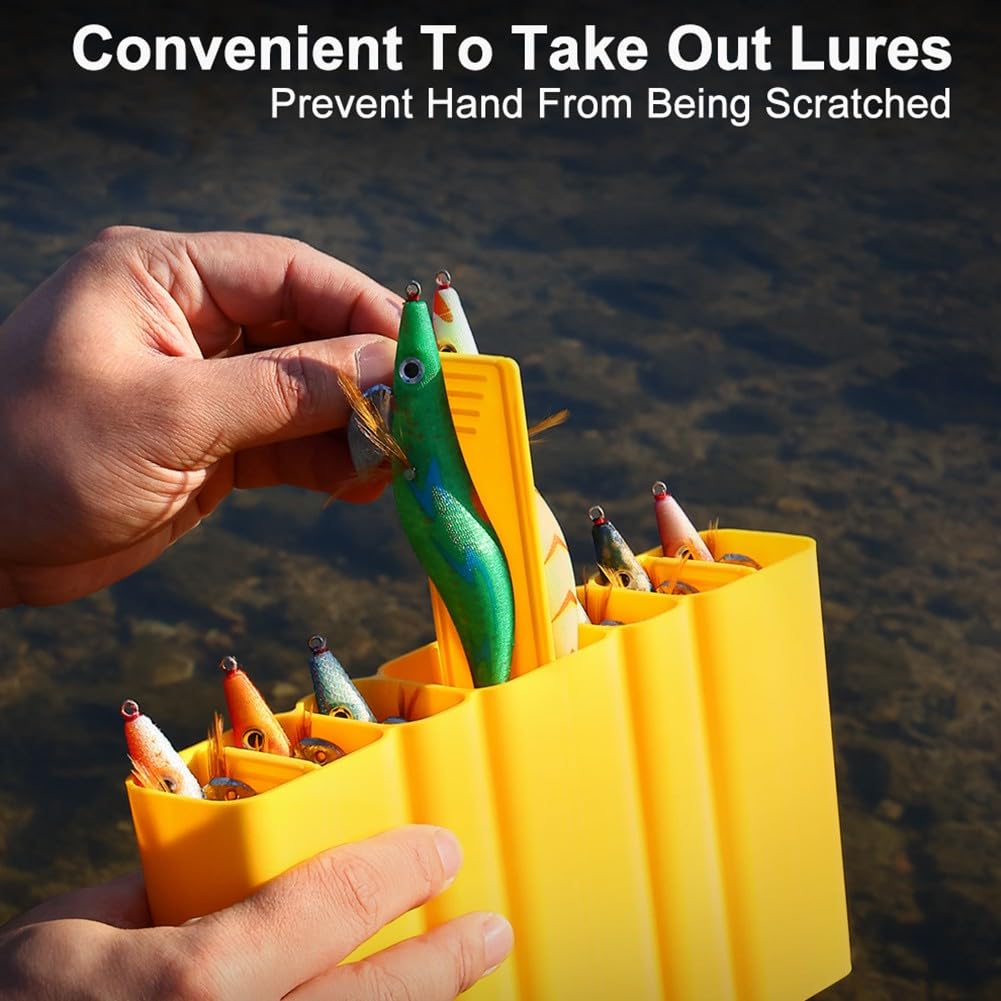 Caja de aparejos de pesca de 24 rejillas con base impermeable, contenedor compacto de ABS con separadores ajustables y asa para almacenamiento de pulpos, color amarillo