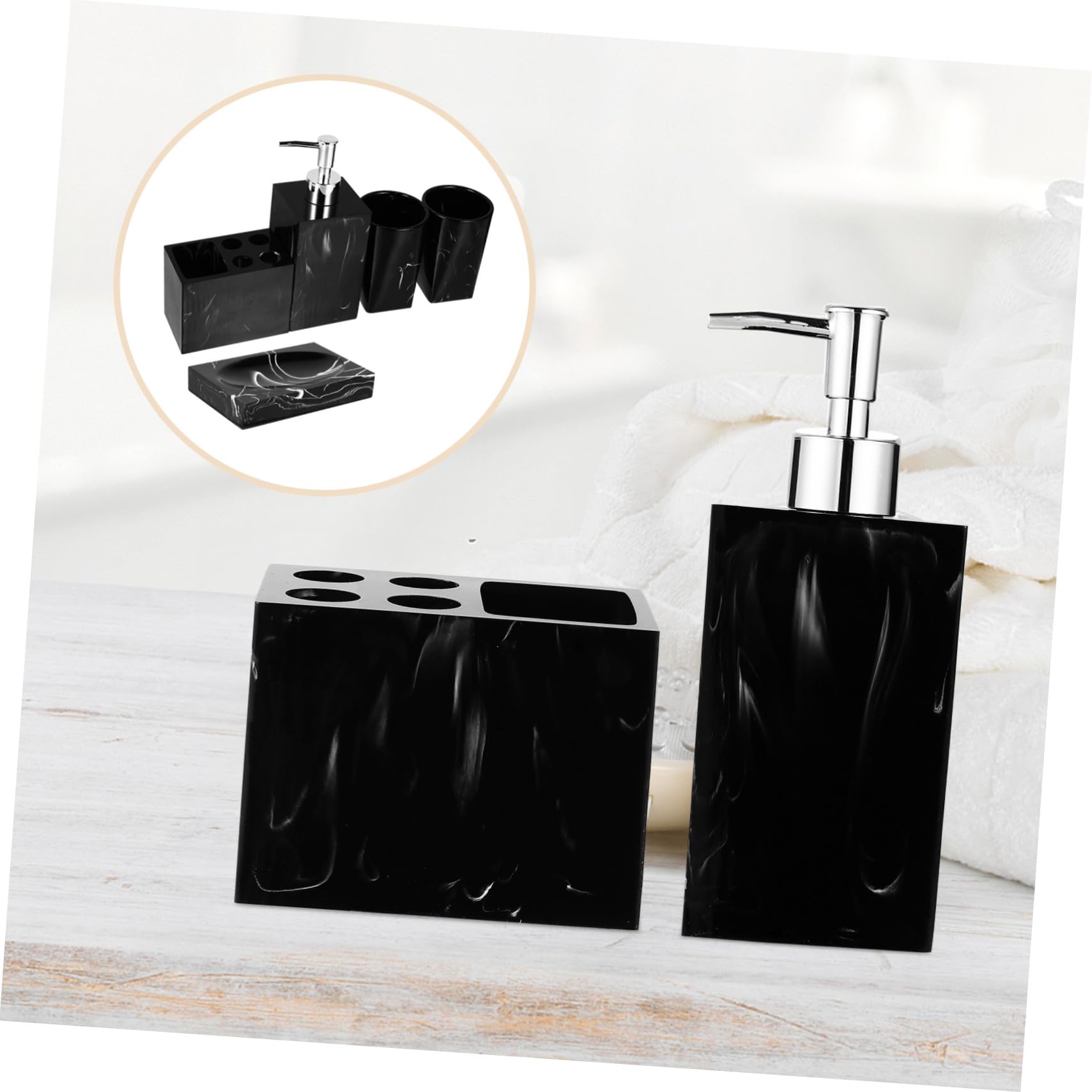 Set de Baño Marmolado de Resina Negro 5 Piezas para Lavabo | Botella de Mano, Soporte para Cepillos, 2 Vasos de Enjuague, Bandeja para Jabón, Juego Práctico de 5 Piezas