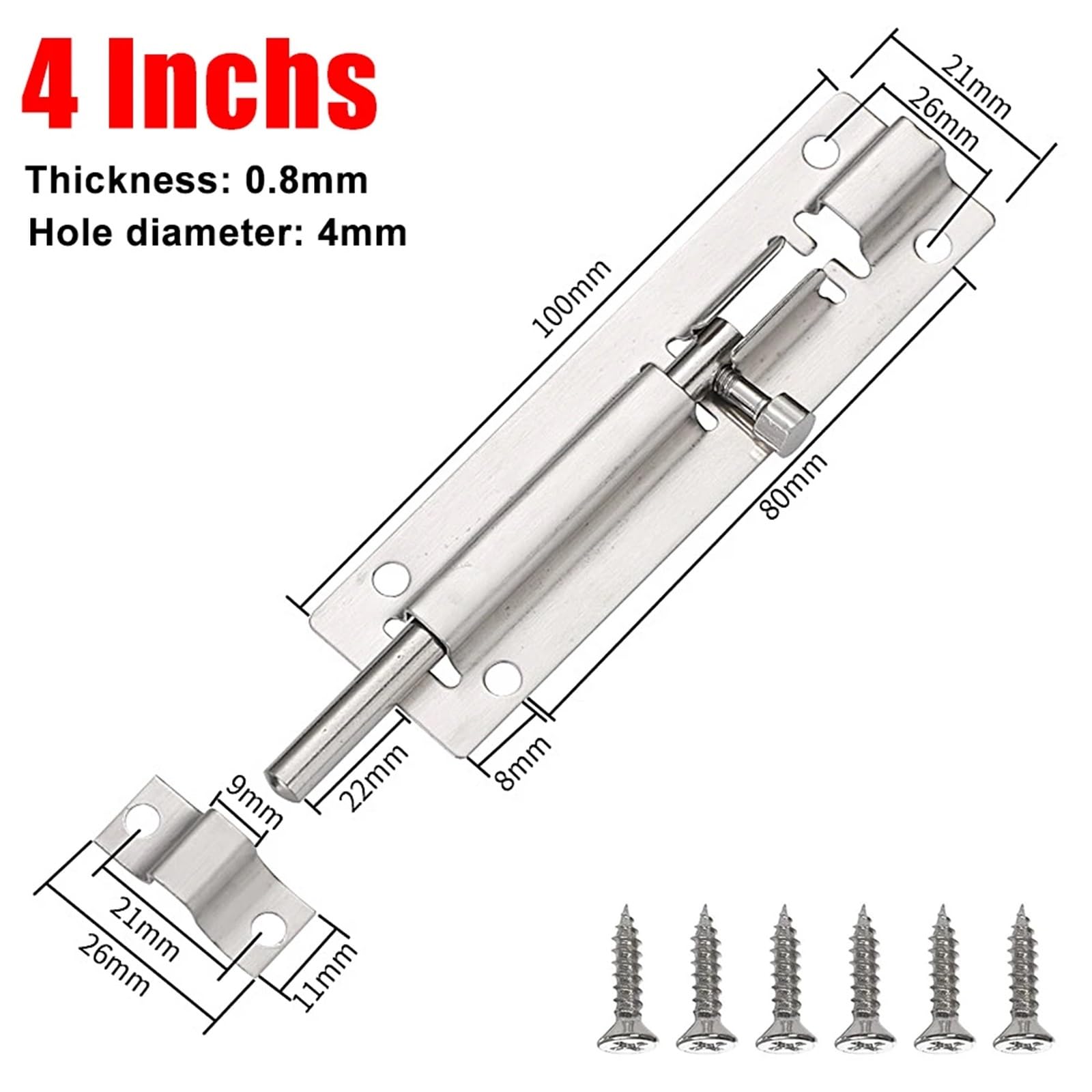 Chiavistello Scorrevole for Porta, chiavistello in Acciaio Inossidabile for Porte, cancelli, finestre, Argento, 2-4 Pollici, 2/5/10 Pezzi, 4(2pcs 4 Inches)