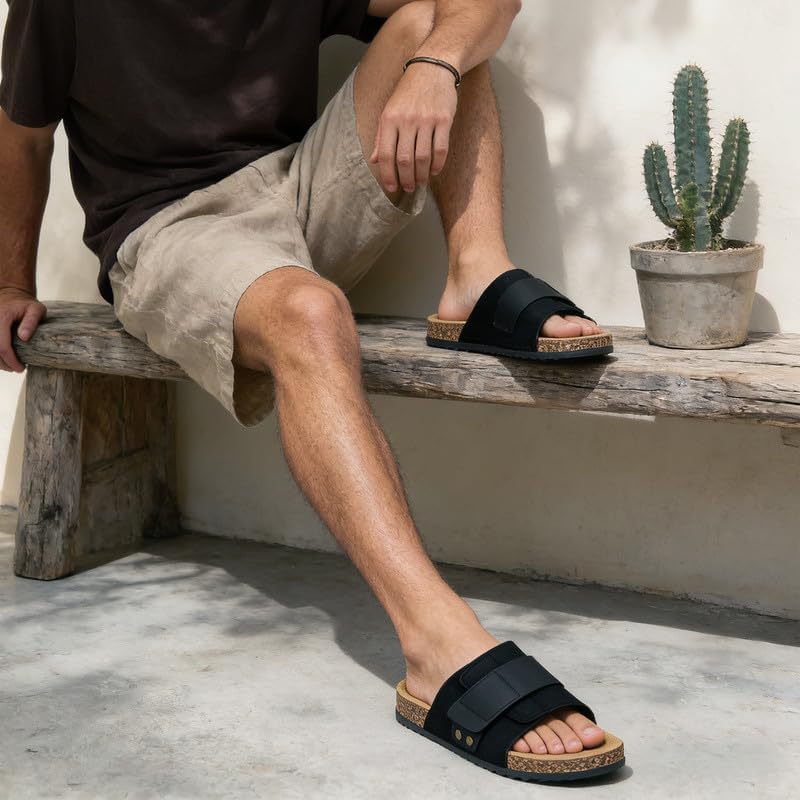 Mens Flat Slides With Hook ＆ Loop, Womens Cork Footbed Sandals Unisex