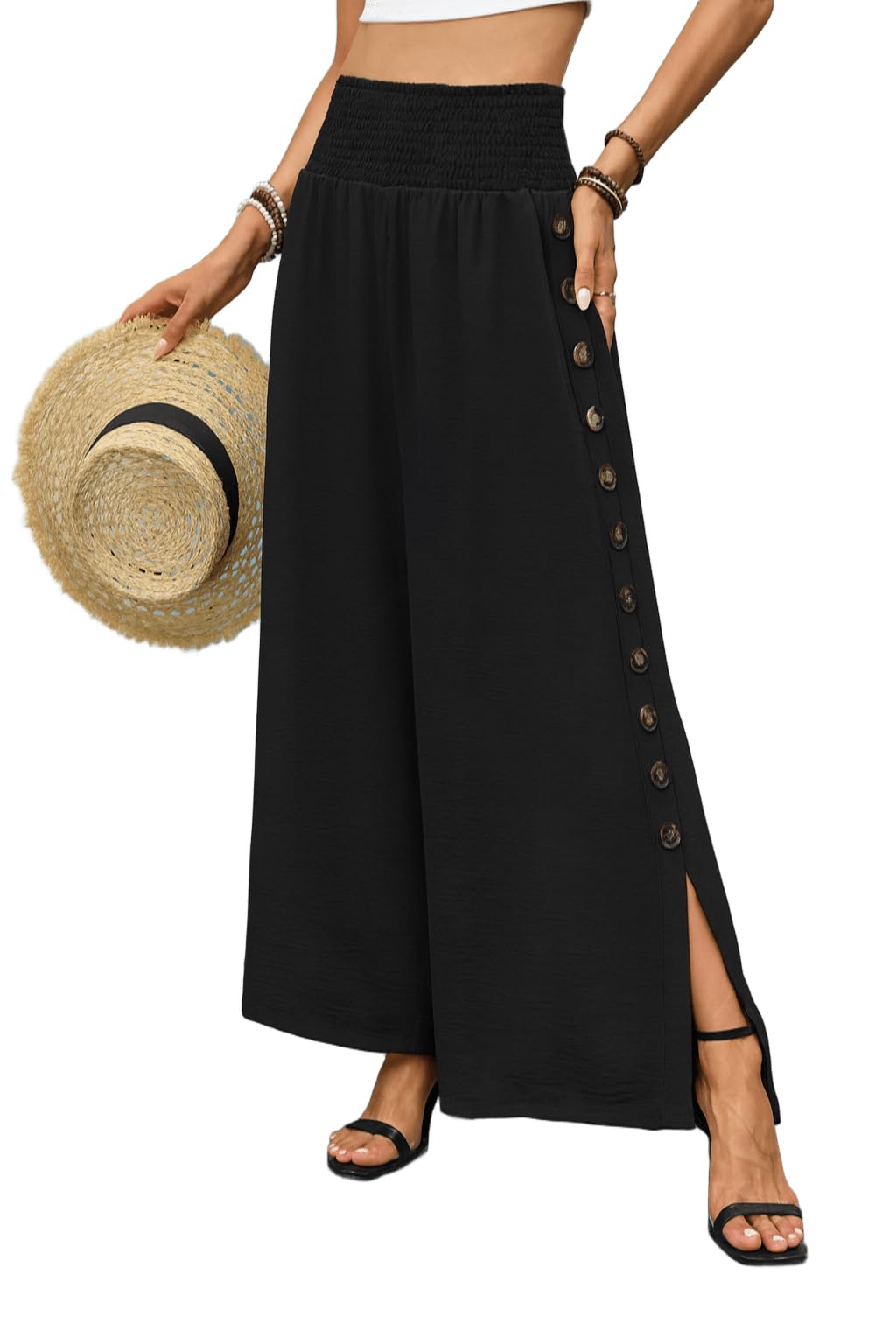 Womens High Waist Wide Leg Pants Side Button Split Palazzo Pants Loose Summer Beach Trousers with Smocked Waist