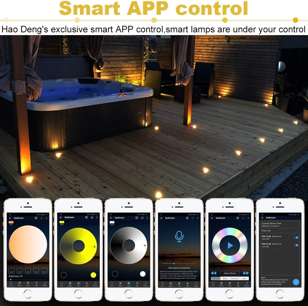 Juego de 6 focos LED empotrables con Bluetooth, 1 W, blanco cálido, blanco frío, 3 en 1, 3000 K-6000 K, diámetro de 45 mm, IP67, resistente al agua, foco LED empotrable para exteriores, función