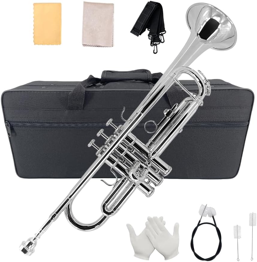 Standard Bb Trumpet with Case,7C Mouthpiece and Cleaning Kit Trumpet Instrument for Beginners Adults (gold)