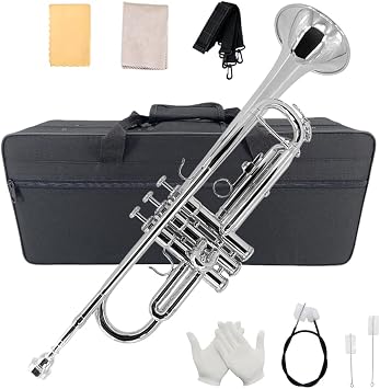 Standard Bb Trumpet with Case,7C Mouthpiece and Cleaning Kit Trumpet Instrument for Beginners Adults silver
