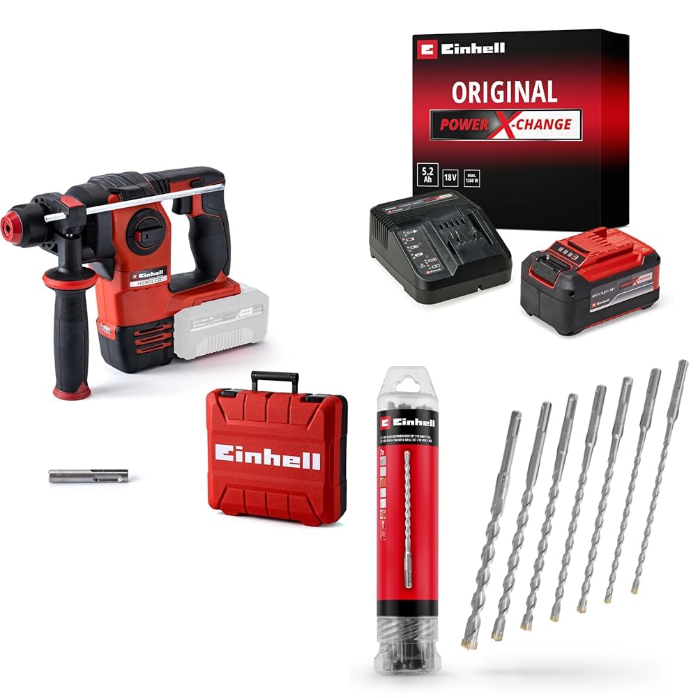 Einhell HEROCCO 18/20 - Solo, Kömürsüz Akülü Kırıcı Delici + 18V 5,2 Ah PXC Starter-Kit (Başlangıç Seti), Akü ve Şarj Cihazı + SDS PLUS uç seti 7 parça, 6-14/210 mm