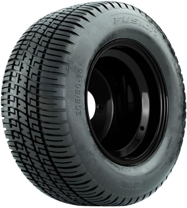 GTW 10 Inch Golf Cart Wheels and Tires Combo | Matte Black Steel Wheels on 205/50-10 (18") Fusion Street Tires | Set of 4
