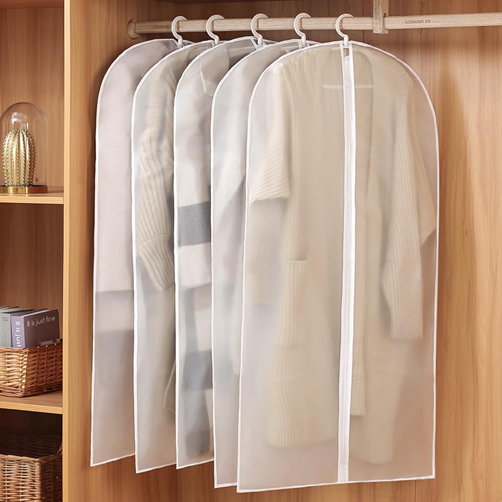 5Pcs Waterproof Garment Covers - Translucent Dustproof Clothing Storage Bags for Coats Suits Dresses - Ideal Seasonal Clothing