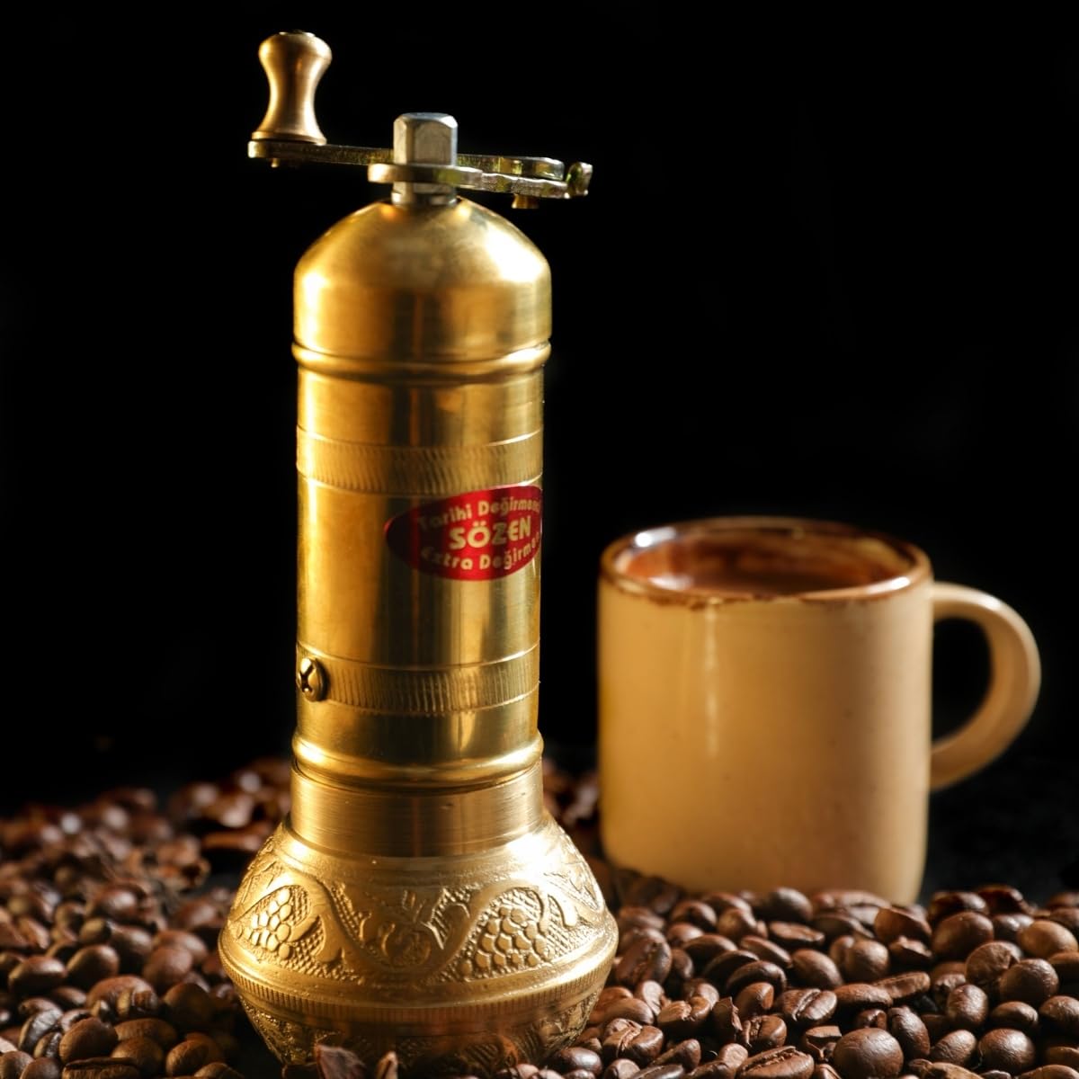 SOZEN 16.3cm Manuelle Kaffeemühle Messing - Handkurbel Burr Mühle für Türkischen Kaffee, Französische Presse, Espresso, Camping & Heimgebrauch - Tragbare Kaffeebohnenmühle, Einstellbare Konische