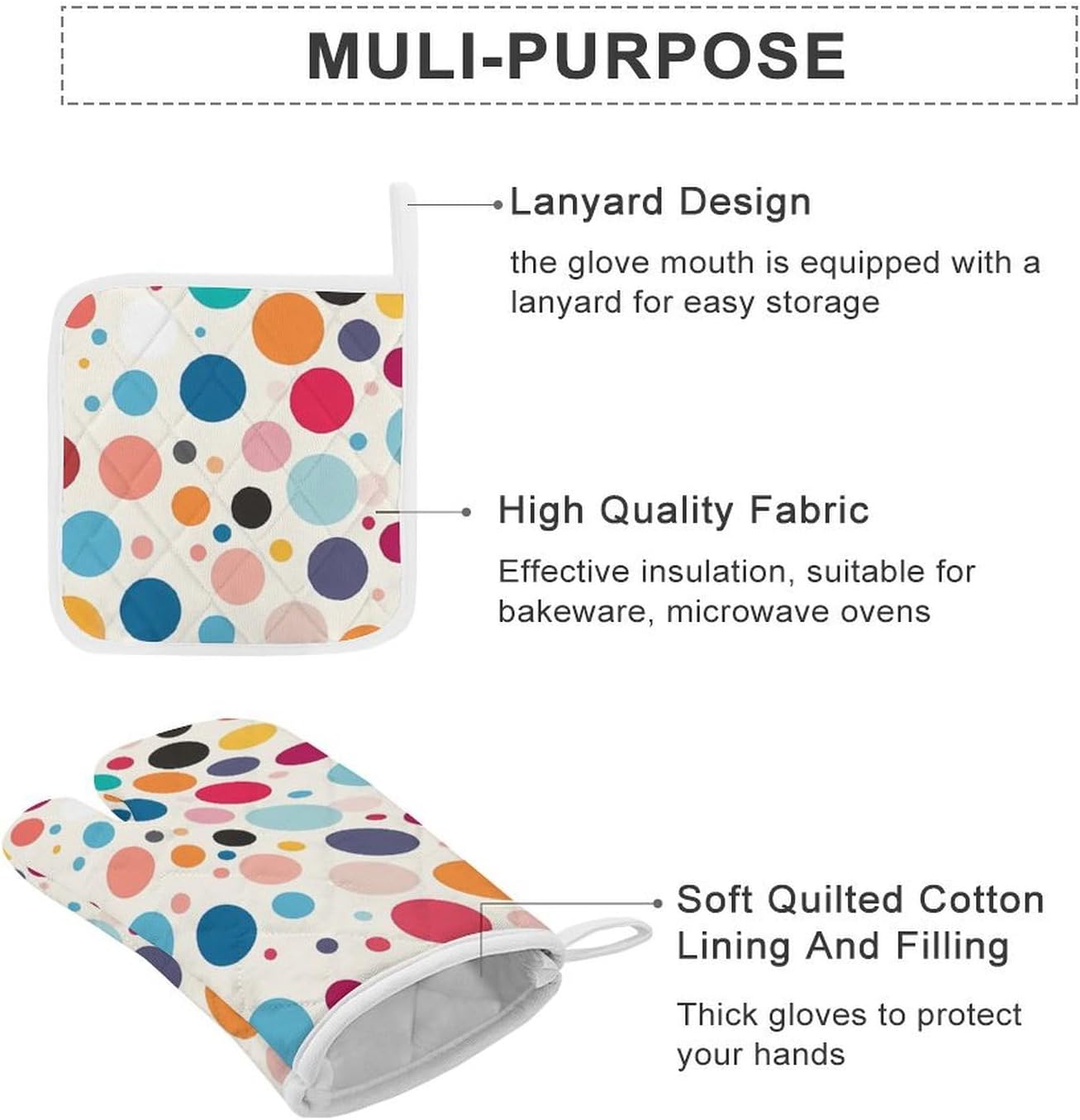 Colorful Polka Dot 4 Pcs Oven Mitts and Pot Holders Set High Heat Resistant Long Kitchen Oven Glove Potholders