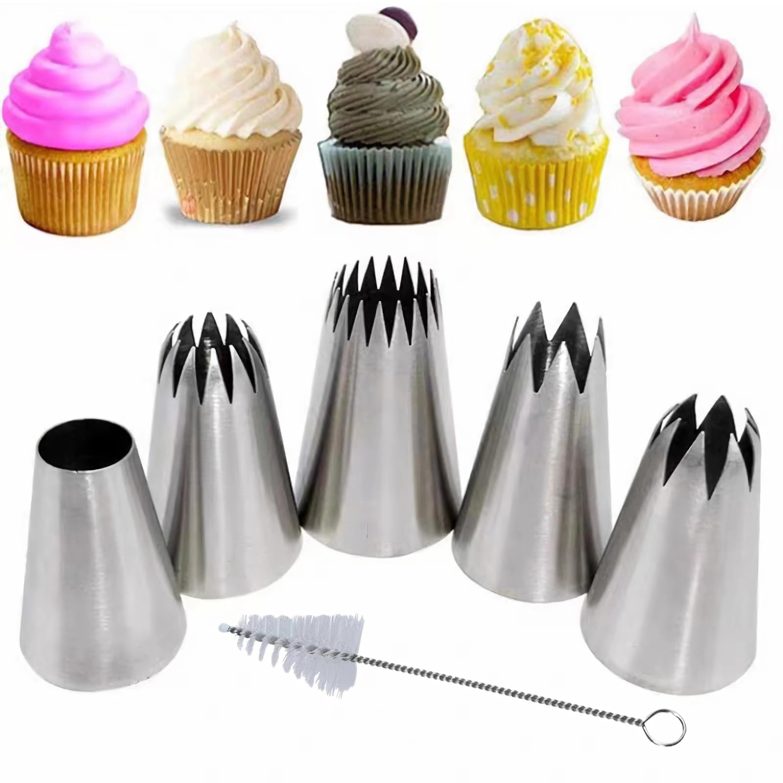 MDLJG Extra Large Piping Tips, Seamless Stainless Steel Icing Piping Nozzle Tip Set, DIY Icing Nozzle Tool for Birthday Cake & Cupcakes, with a Cleaning Brush (6 pcs/set)