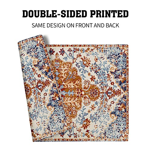 Image of Ethnic Boho Placemats Set of 6 Bohemian Carpet Vintage Orange Grey Floral Linen Washable Kitchen Dining Table Mats Stain Heat-Resistant Desktop Decor Place Mats for Home Party Indoor 12x18 in