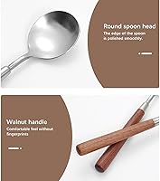 Vista 3 de Cuchara de mango de madera retro, cucharadas de servir de acero inoxidable, cuchara de madera, cubiertos plateados con mango marrón, 4 unidades.