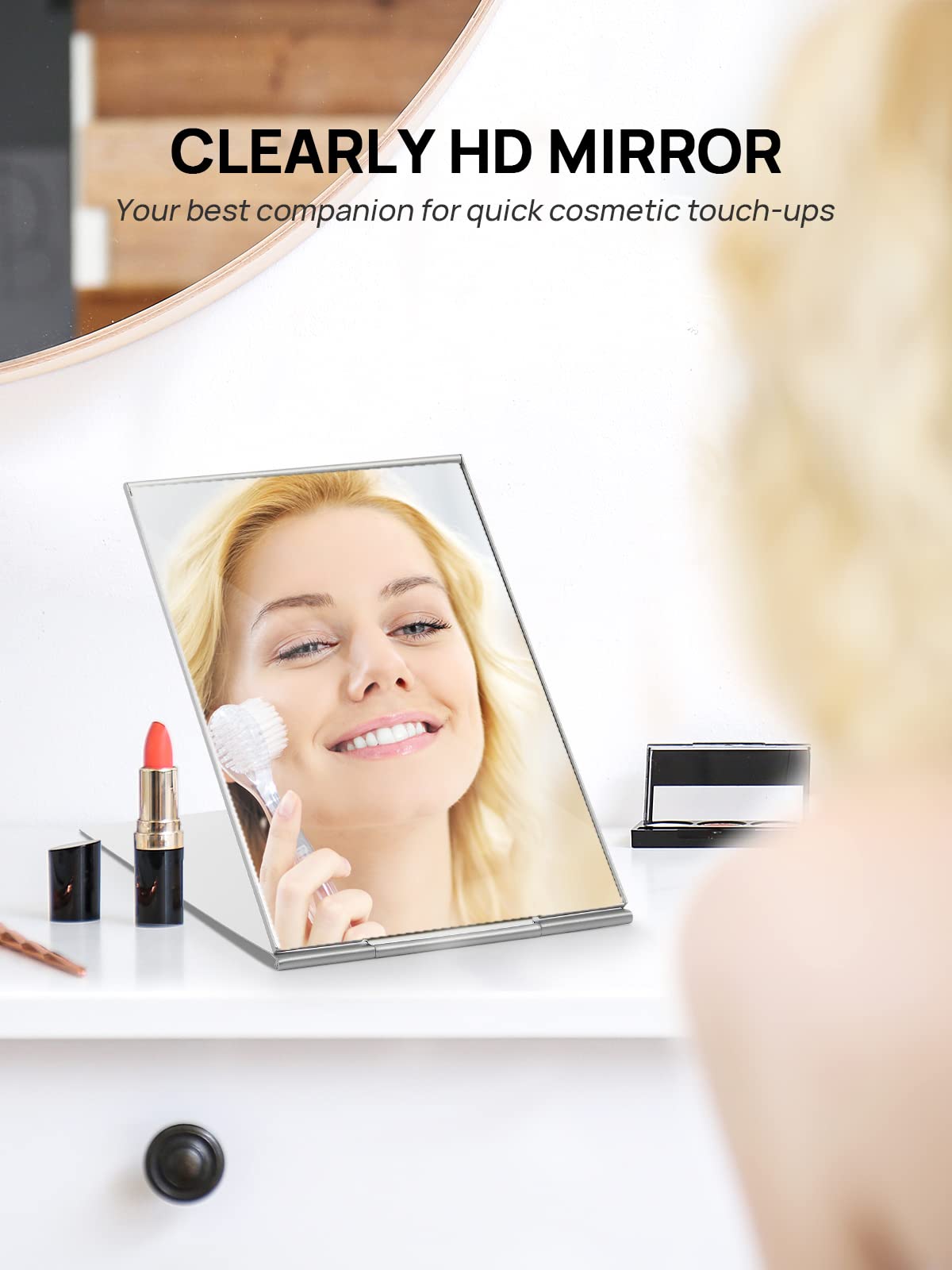 MIRRORNOVA Espejo plegable portátil, ultra delgado y duradero, espejo de mesa de maquillaje para viajes con carcasa de aluminio, tamaño grande de 7 pulgadas