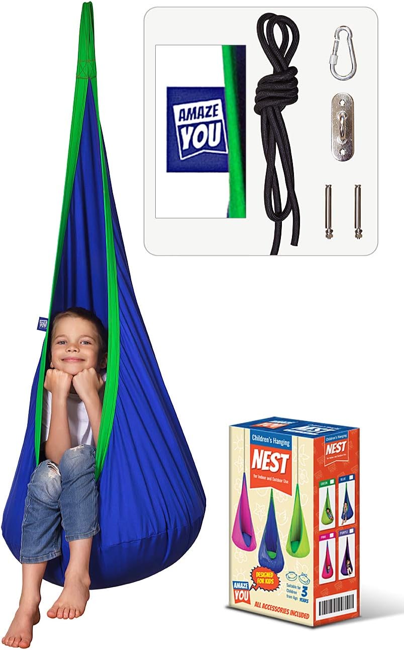AMAZEYOU Kids Swing Hammock Pod Chair - Child's Rope Hanging Sensory Seat Nest Indoor Outdoor Use Inflatable Pillow - Great Children, All Accessories Included (Blue)