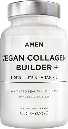 Amen Suplemento constructor de colágeno vegano a base de plantas  Alimentos integrales orgánicos, luteína, vitamina C, biotina, lisina, prolina