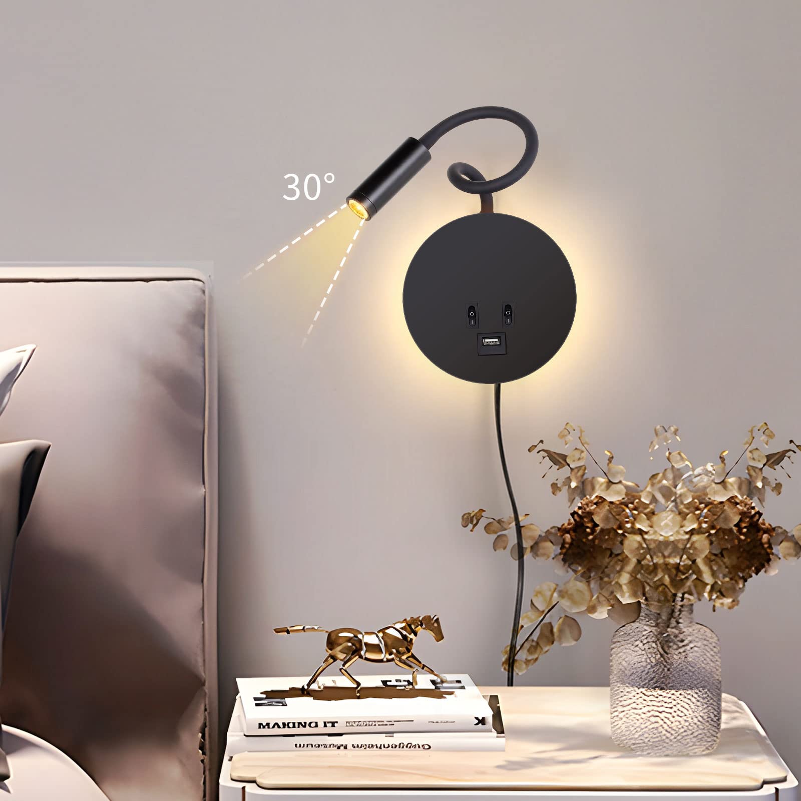 ERWEY Lámpara de lectura para cama, lámpara LED de 3 W + 8 W con interruptor y carga USB, cuello de cisne giratorio 360° con enchufe y cable para dormitorio, Negro
