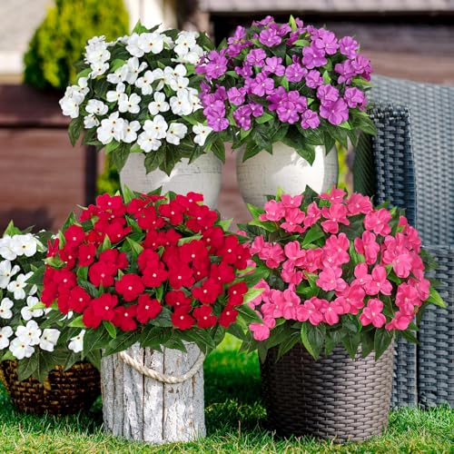 KHOYIME Artificial Flowers for Outdoors, 3PCS Red Fake Impatiens Flower Bouquet Faux Silk Floral Stems Plants Bulk UV Resistant Indoor Decorations for Table Centerpieces Home Garde image 3