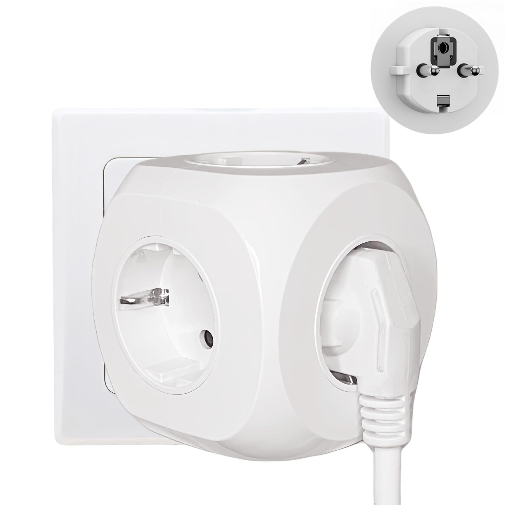 3680W Wandadapter Steckdose, 16A Kompakter Mehrfachstecker für Schuko-Steckdosen, Stromverteiler für Haushalt, Büro und Reisen, Weiß