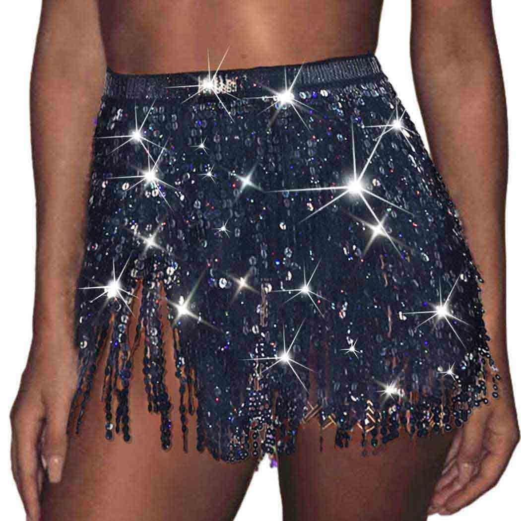 KASTWAVE Boho Sequin Tassel Hip Scarf Multilayer Belly Dance Belt Dance Performance Skirt, Women's Sequin Tassel Skirts Rave Fringe Hip Scarf for Festival