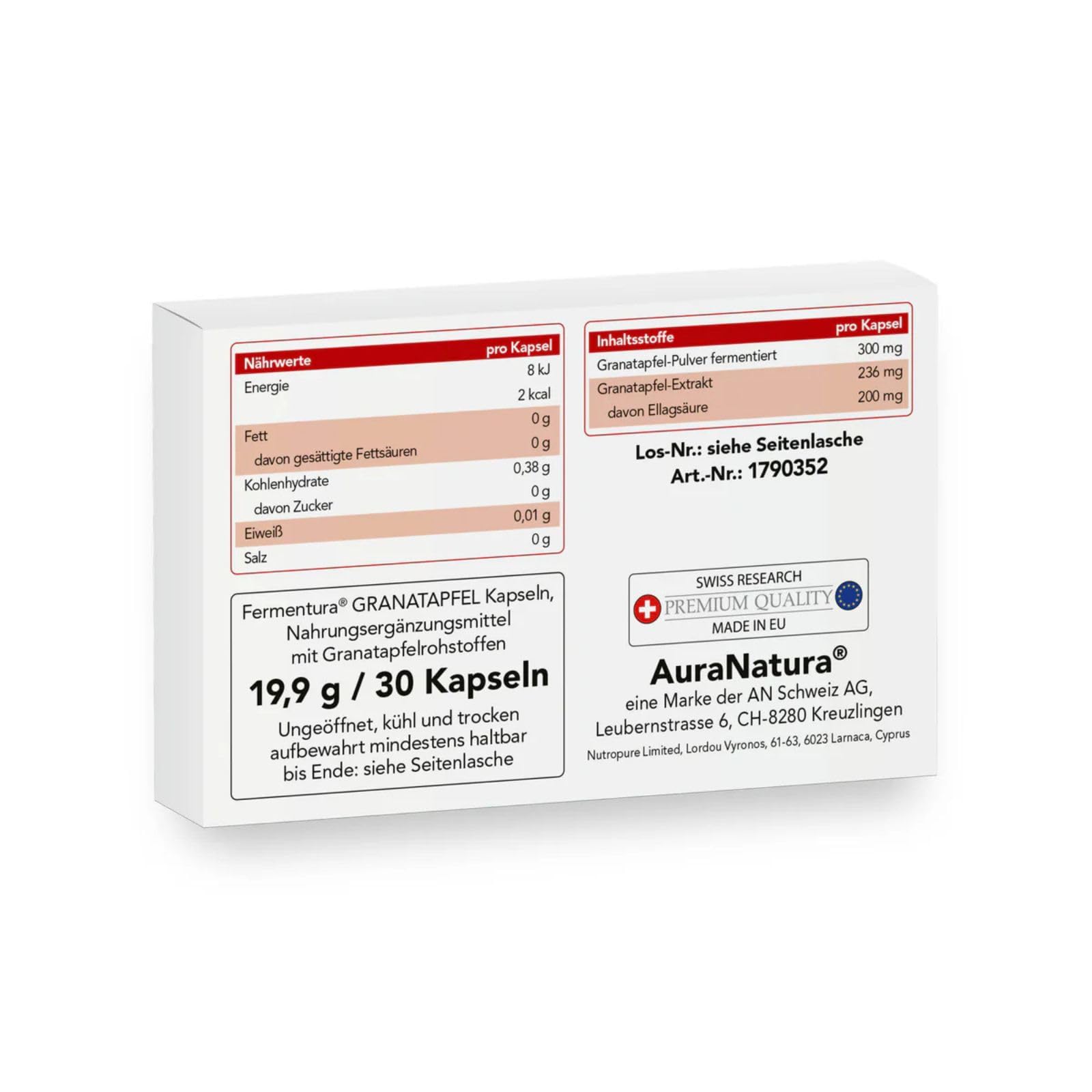 Aura Natura® Fermentura Granatapfel Kapseln – 30 hochdosierte Kapseln mit fermentiertem Granatapfelextrakt & 200 mg Ellagsäure – je Tagesdosis 536 mg – 1 Monat Vorrat & Vegan