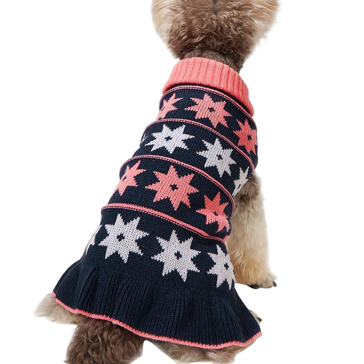 Jecikelon Pet Dog Sweaters for Small Dogs Dress with Snow Knitwear Turtleneck Pullover Dog Clothes Warm Winter Puppy Sweater Long Dresses (Navy, Small