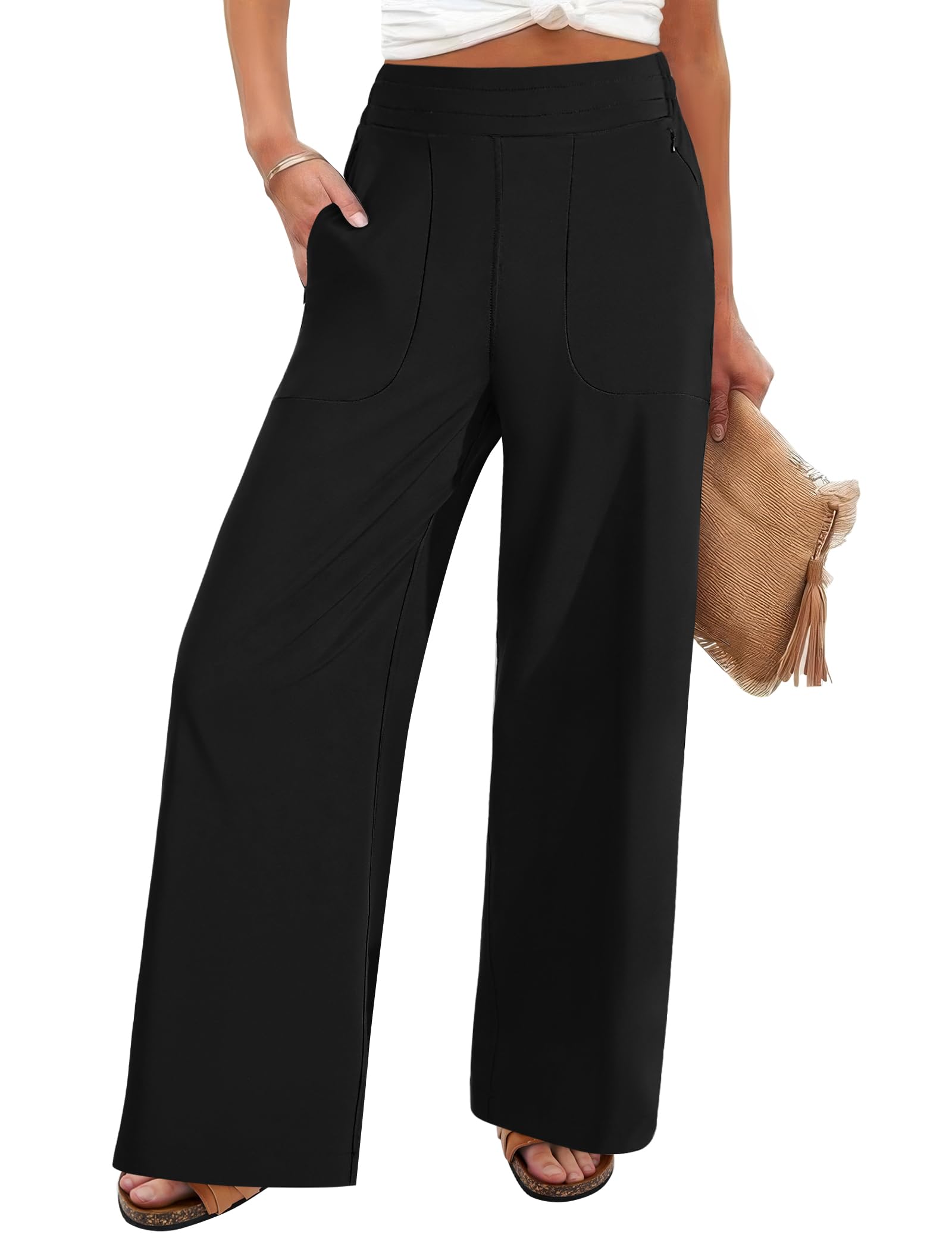 FireSwan Women's Wide Leg Work Pants High Elastic Waist Dress Palazzo Pants Trousers with Zipper Pockets