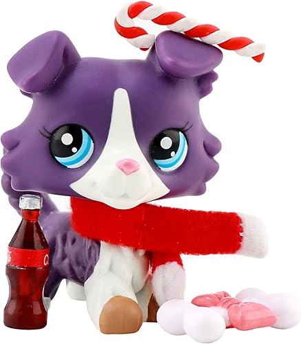 CIEVOO LPS Collie 1676 - Perro morado blanco ojos azules LPS raros con accesorios LPS bufanda y hueso raros y antiguos LPS coleccionables mascotas