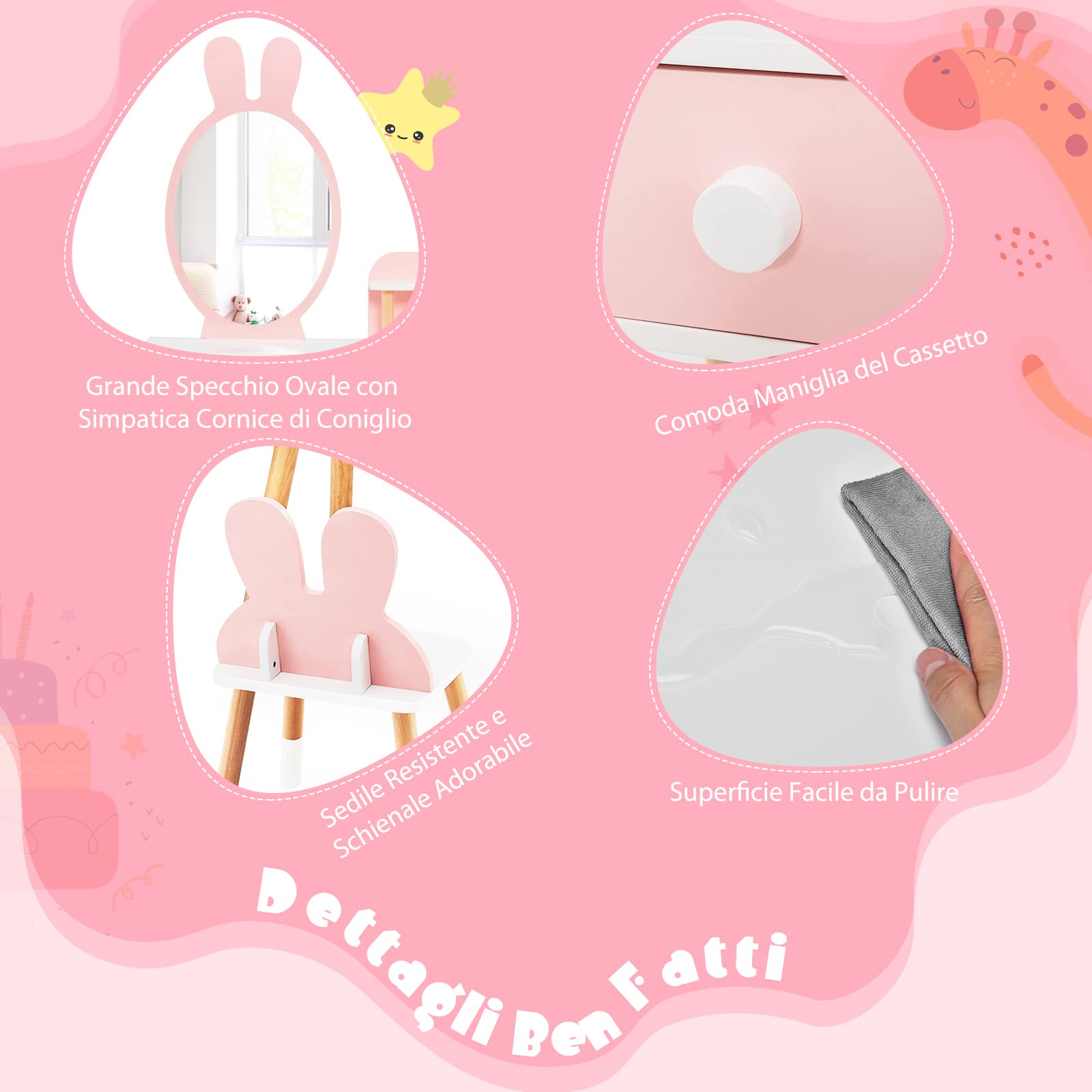 COSTWAY Toeletta Trucco 2 in 1 per Bambina, Specchiera a Forma di Coniglio Staccabile per Ragazza in Legno con Sgabello, Ripiano e 2 Cassetti, Postazione Trucco, 78 x 37 x 110cm (Rosa)
