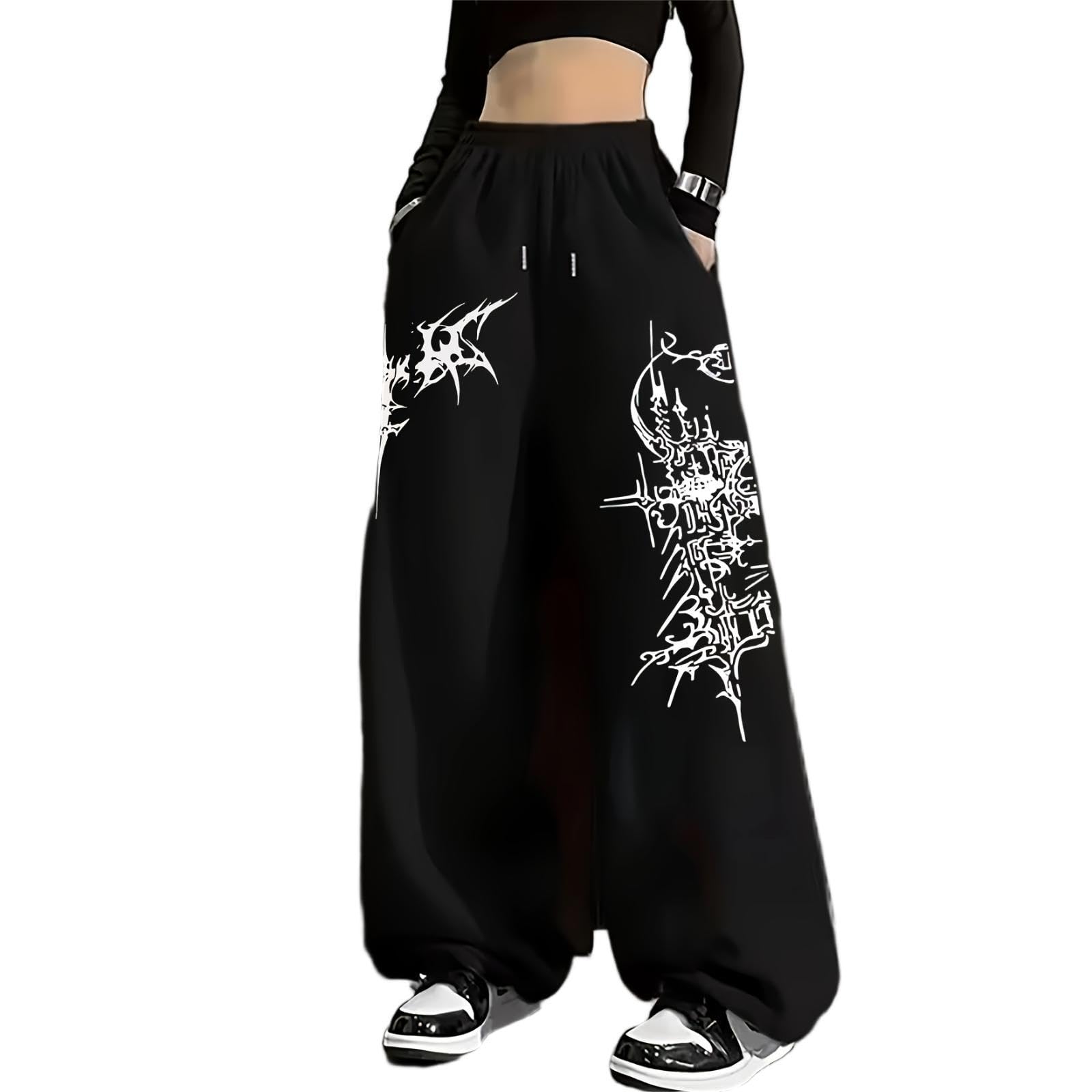 Nero Y2K Pantaloni Tuta Larga Donna Gotico Pantaloni Donna Larghi Baggy Pants Y2K Clothes, con Cinturino Regolabile per Bodybuilding, Viaggi e Feste