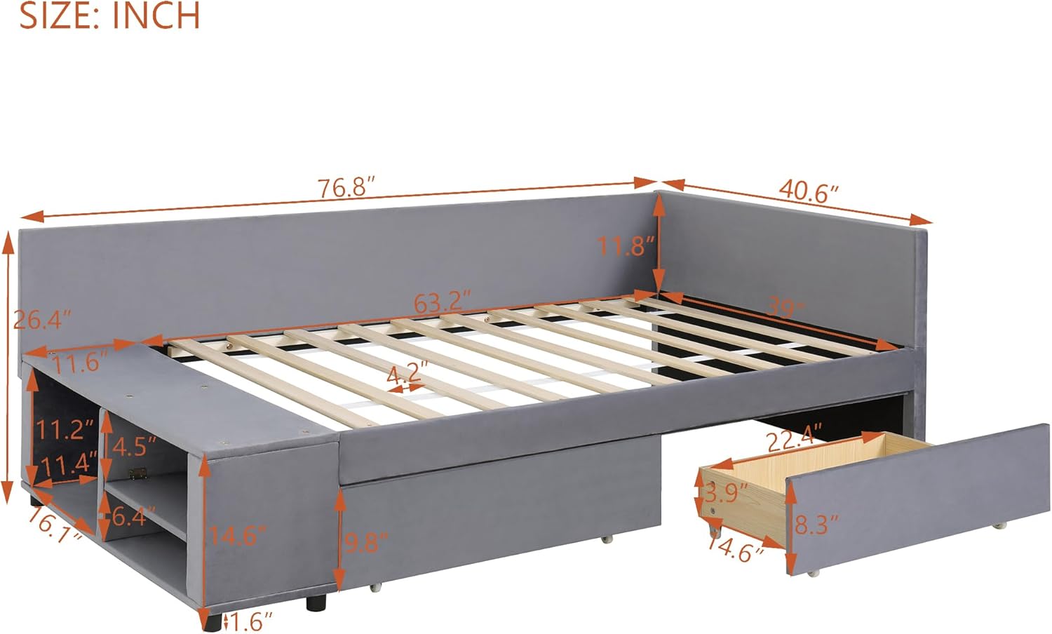 Detailed dimensions of the Polibi Twin Size Platform Bed