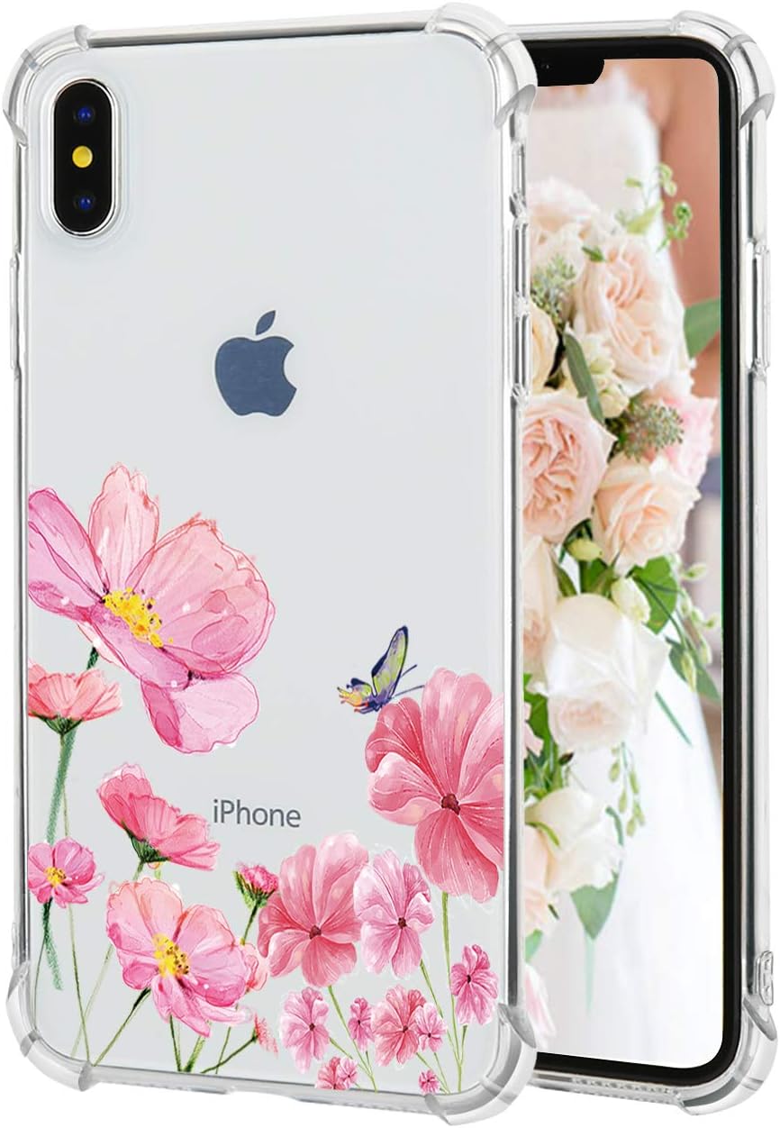 iPhone Xs Max Case Floral Pattern Clear Thin Soft TPU Slim Flexible Shockproof Bumper Phone Cases for Women Girls-Best Pink Rose[6.5"]