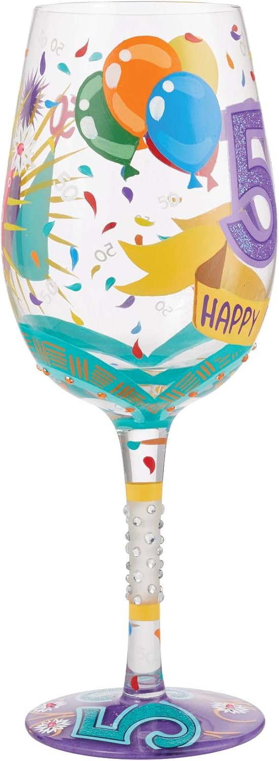 Enesco Designs by Lolita Happy 50th Birthday Hand-Painted Artisan Wine Glass, 15 Ounce, Multicolor - Image 3