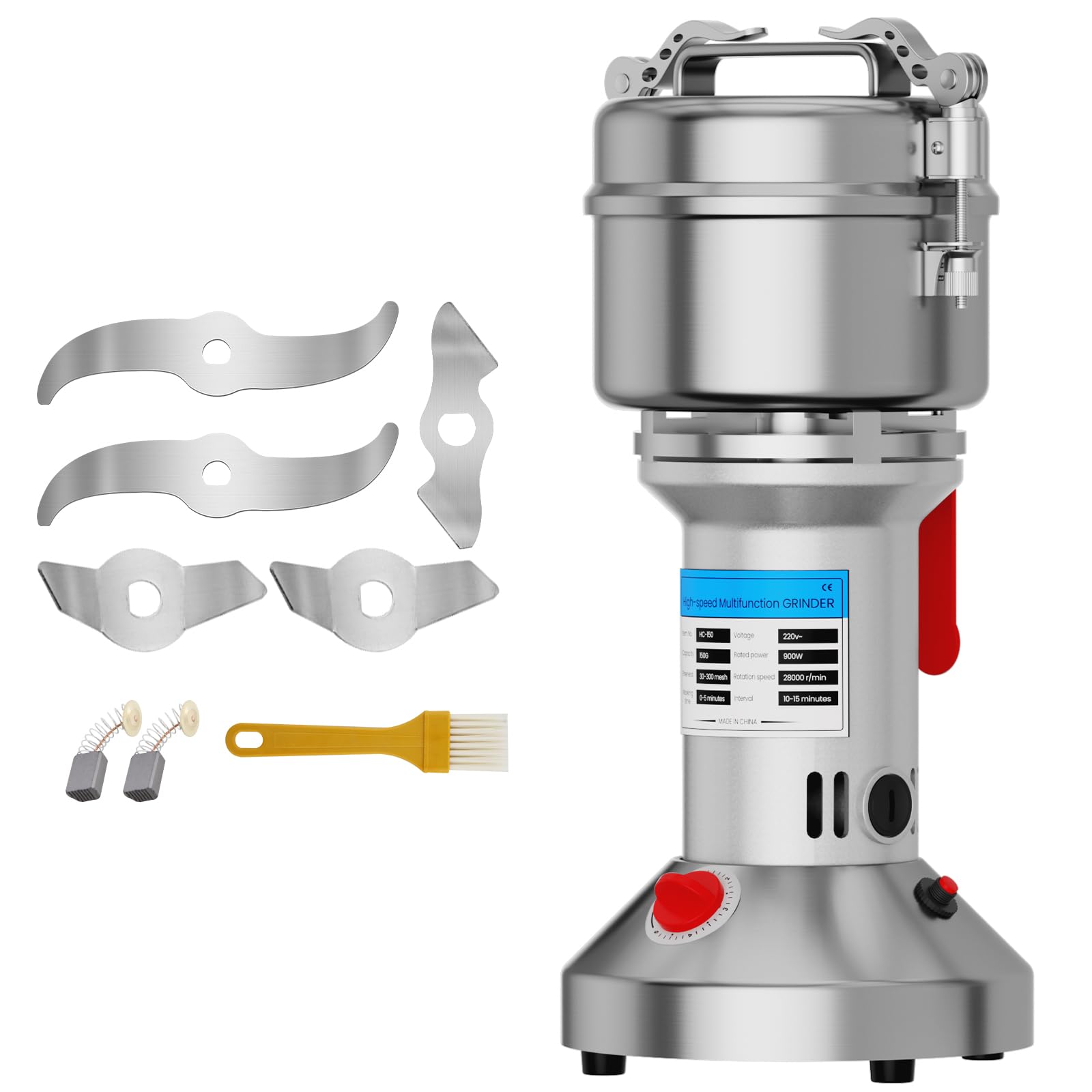 150g Electric Grain Spice Grinder 900W High Speed 28000RPM 6 Blades Stainless Steel Mill 0-5 Min Timer Overload Protection Dry Powder Grinder for Coffee Beans Nuts Herbs Grains Spices