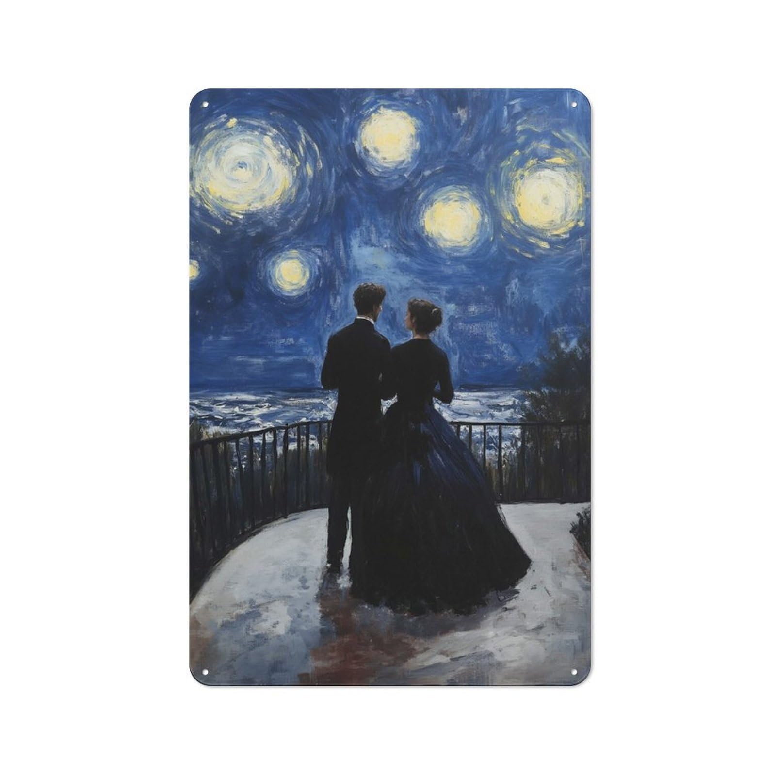 Junmoney Couple Under Starry Night Painting Industrial Metal Sign 30X20cm, Clean Industrial Loft Wall Plaque For Modern Home, Workshop, Office Or Cafe
