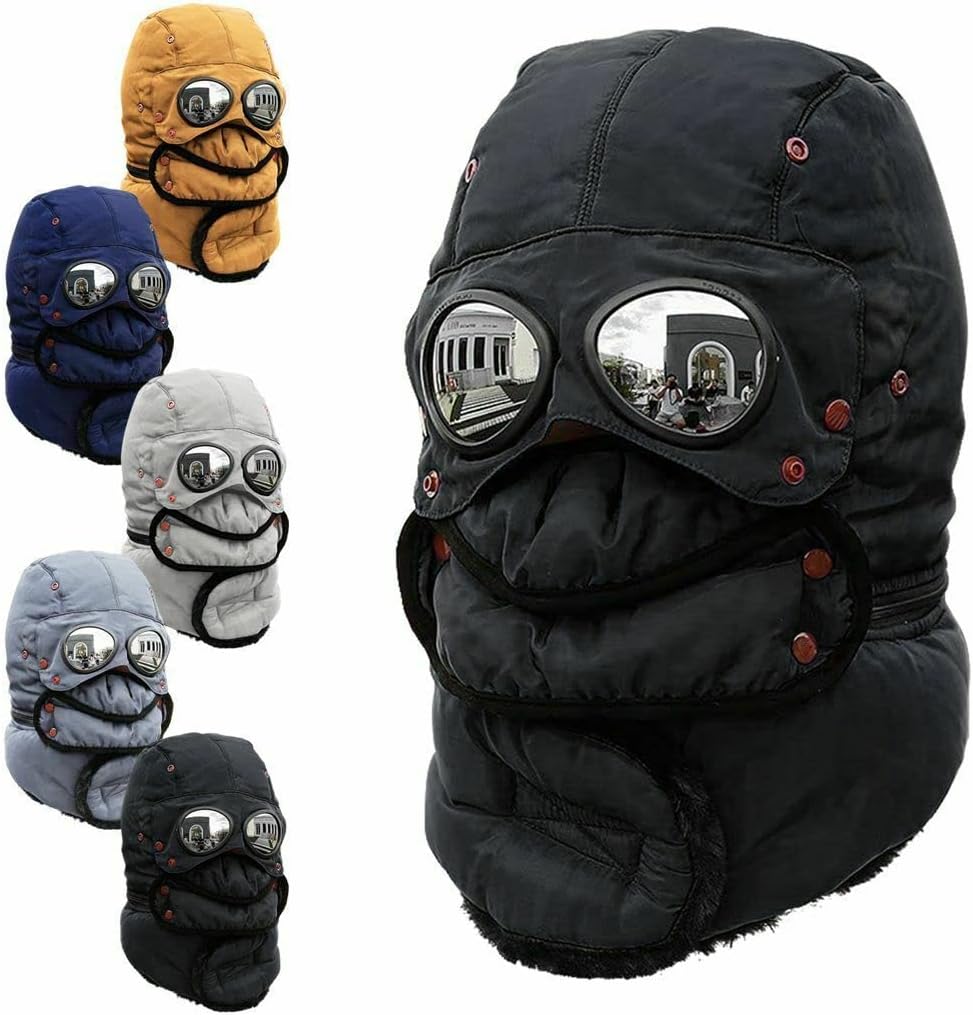 Winter Thermal Trapper Hat with Glasses Winter Cycling Windproof Ski Mask Cap