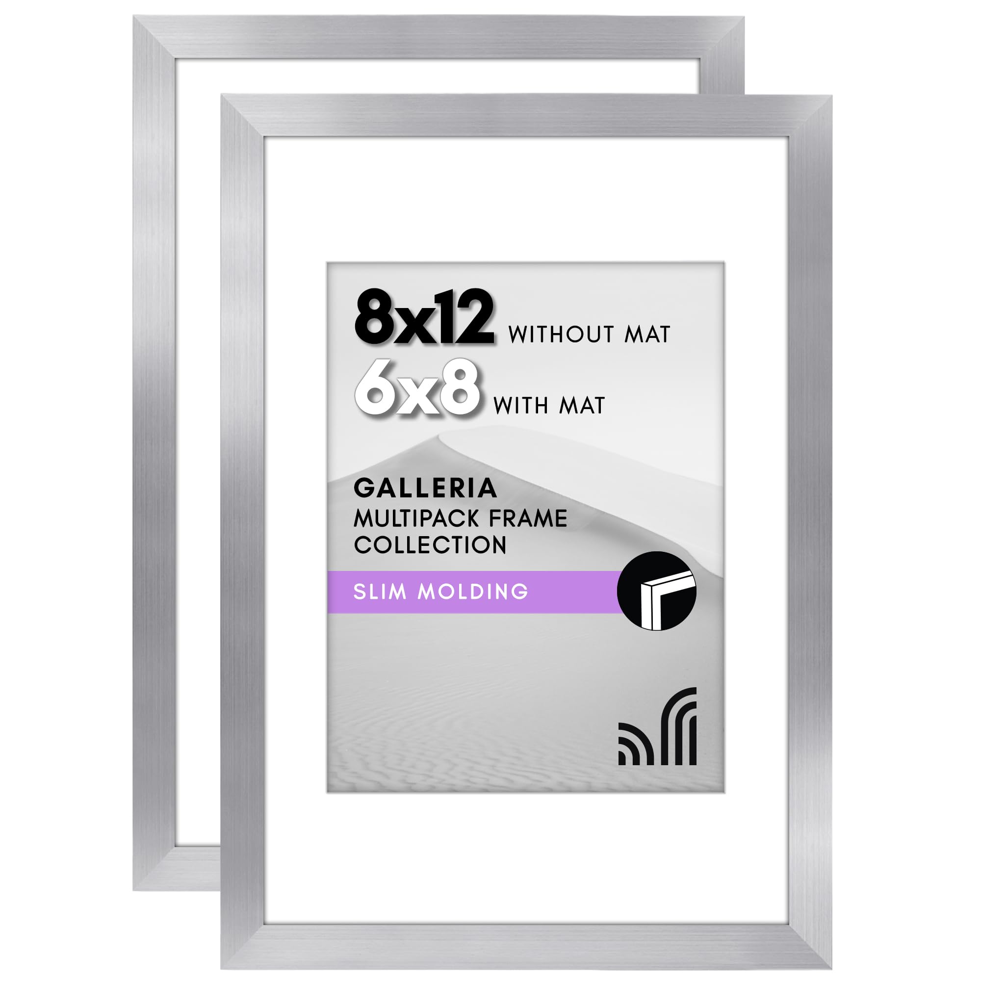 Americanflat 8x12 Picture Frame with Polished Plexiglass - Set of 2 - Use as 6x8 Frame with Mat or 8x12 Frame Without Mat - Galleria Collection - Gallery Wall Frame Set for Wall Display - Silver — image 1