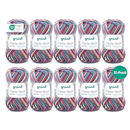 Gründl Wolle Cotton Quick print - dünne Wolle zum Häkeln mit Farbverlauf - Strickgarn - Glänzend und hautfreundlich - 100% Baumwolle - 10 Knäuel 50 g / 125 m - Nadelstärke 3-4 - Rot-Blau-Gelb