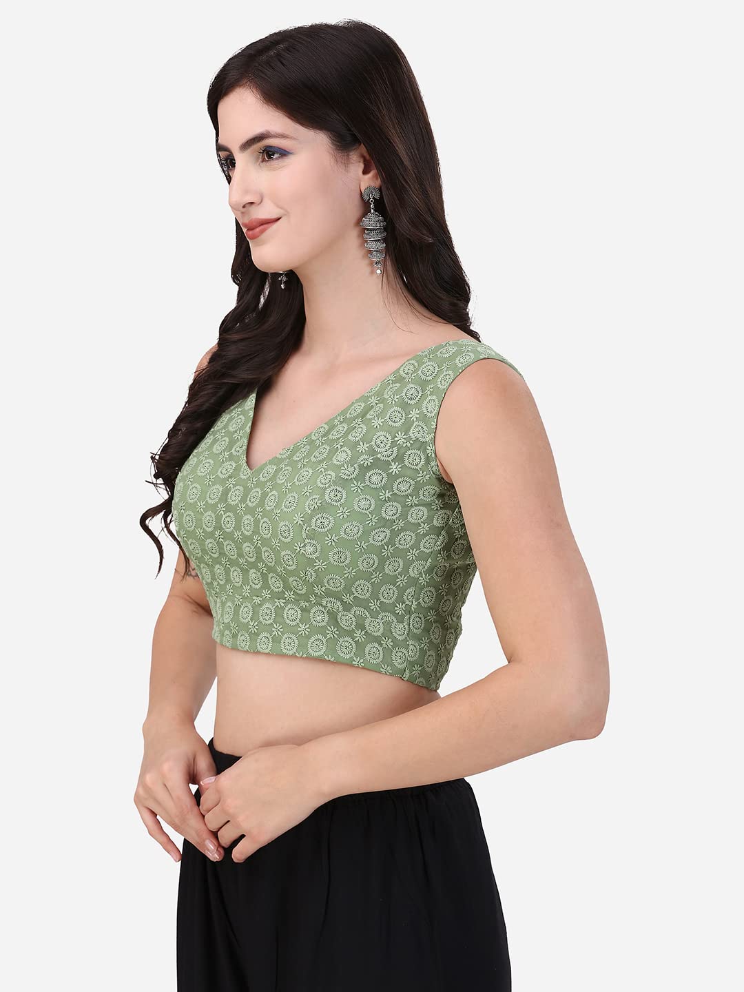 Oomph Women's Indian Ethnic Wear Designer Round Leaf Pattern V Neck Sleeveless Cotton Pista Blouse For Saree Or Lehnga And Blousepalazzos Or Skirts For A Fusion Twist.