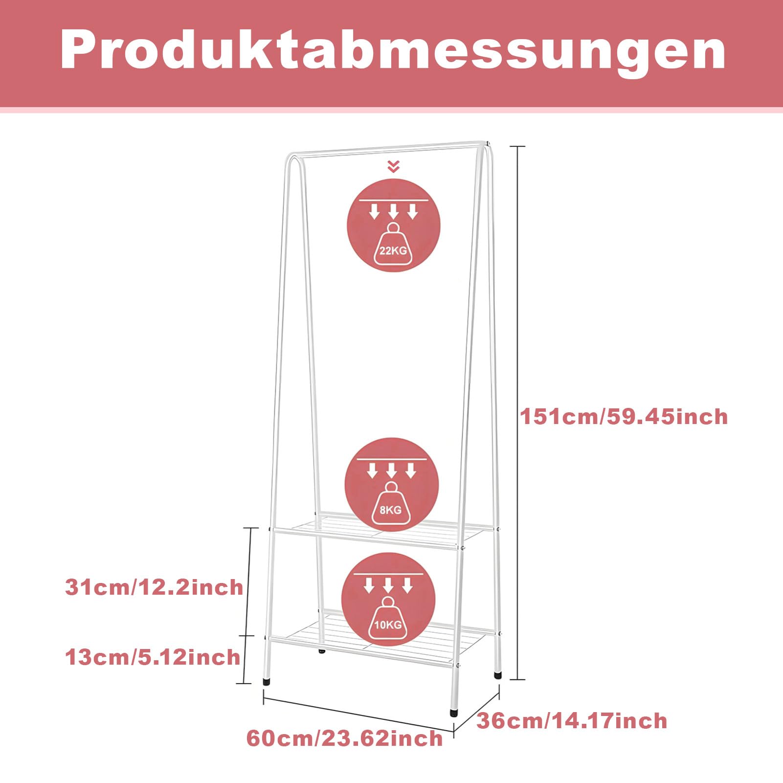 Kleiderständer Metall Garderobenständer mit Schuhablage 151 cm Hoch & 60 cm Breit Platzsparende Kleiderstange für Schlafzimmer Flur Kleiderständer Kleiderstange (Weiß)