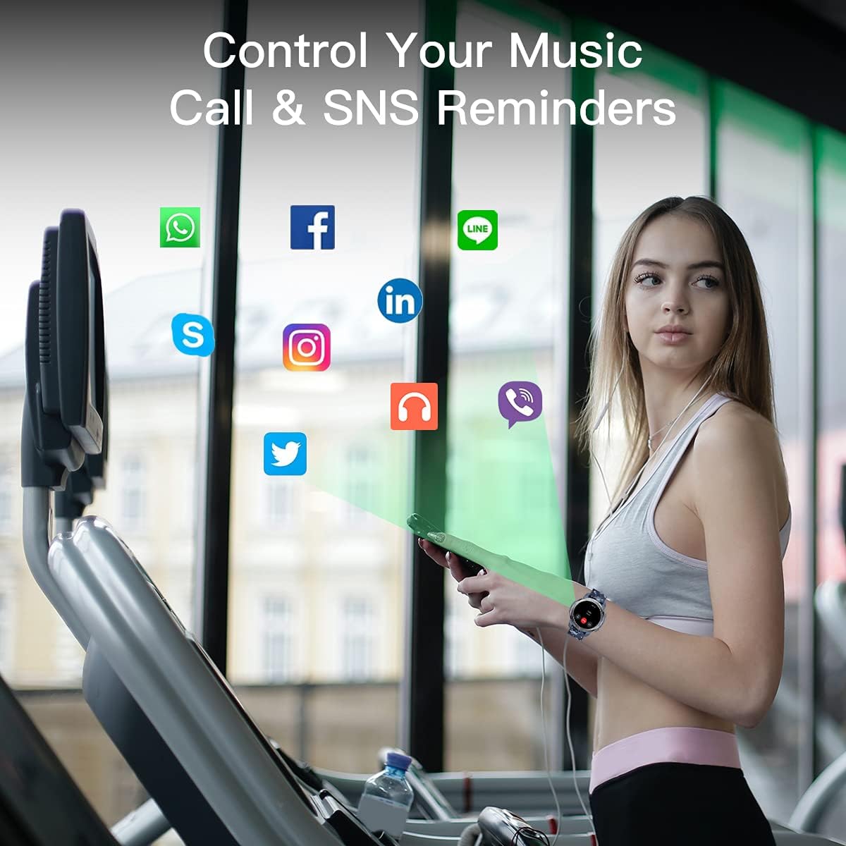 A person on a treadmill wearing the Honor Watch GS Pro, with icons representing music control, calls, and various social media/messaging apps.