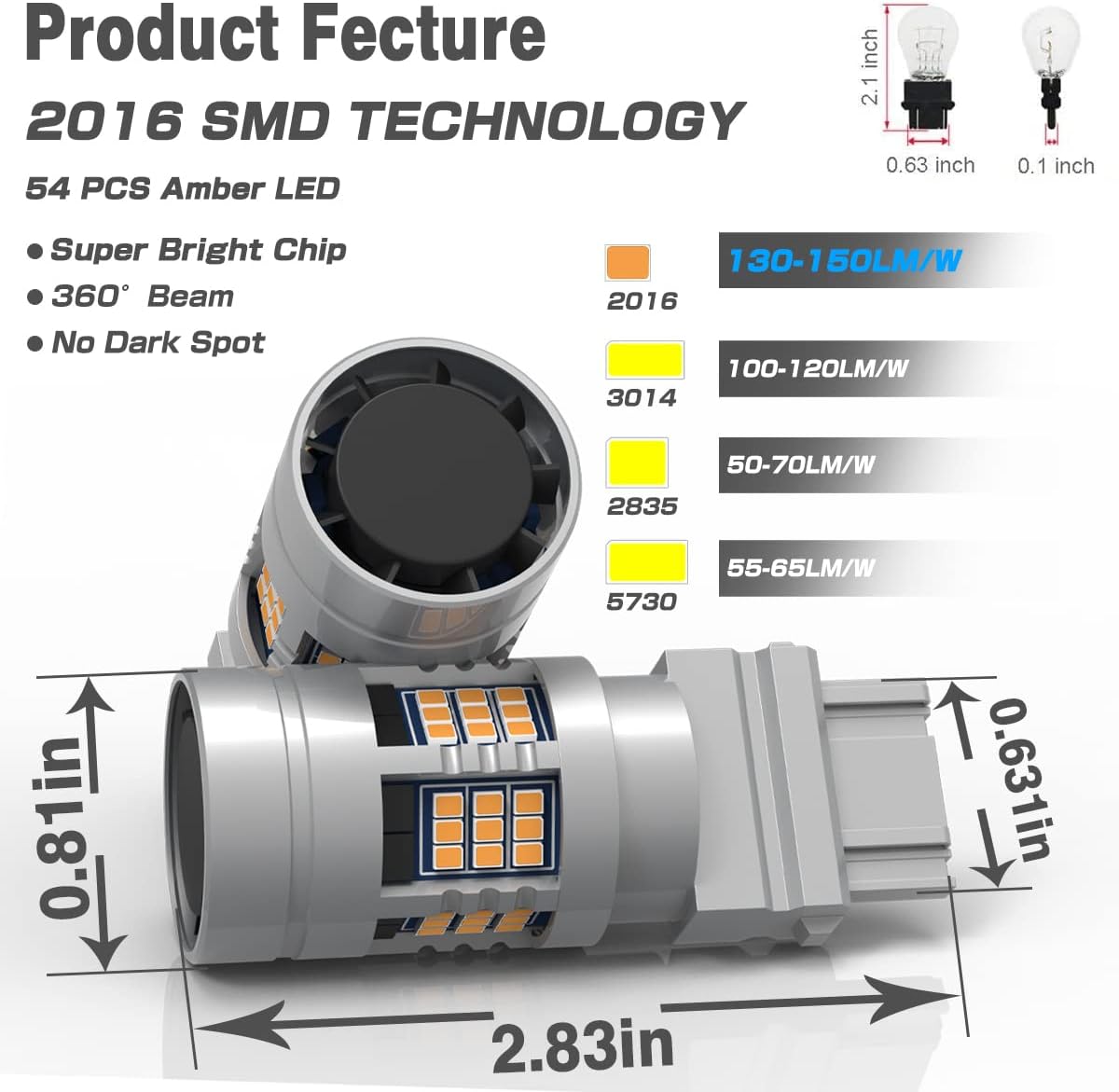 Underground Lighting 3157 Led Bulb Amber Color turn signal lights super bright 54-SMD led turn signal bulb, 3156 4157 3057 3357 No Hyper Flash All in One With Built-In Resistors (2 Pieces)
