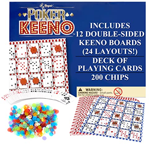 Regal Games - Poker Keeno Bulk Game Set - Includes 12 Two-Sided Boards 200 Scoring Chips 1 Deck of Standard Poker Cards - 24 Unique Board Layouts- Casino Night Card Game- Compatible with Poker Keno